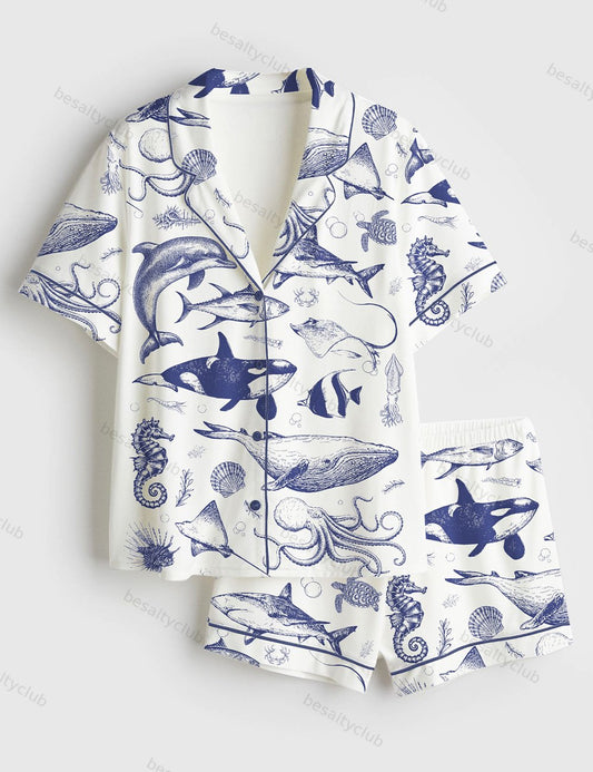 Ocean Nature Vintage 90s Tattoo Sea Animal Print Short Sleeve Satin Pajama Set