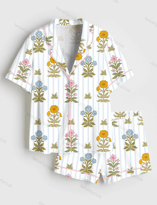 Florals And Sripes Short Sleeve Satin Pajama Set