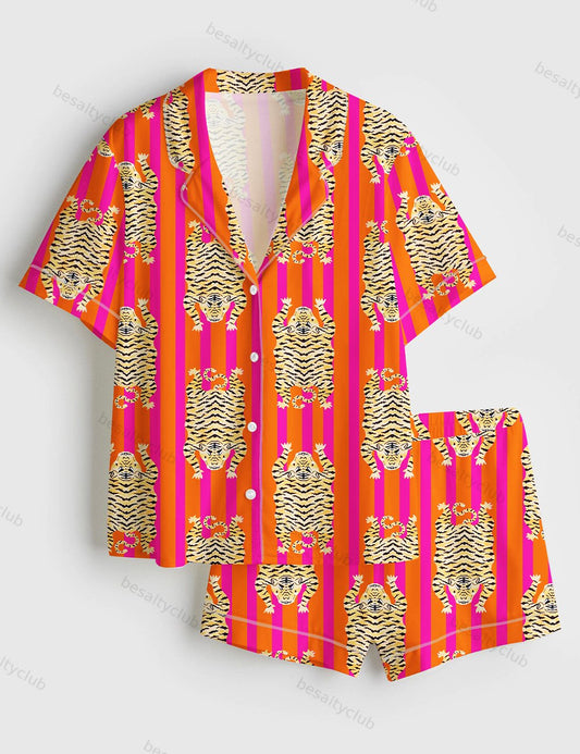 Tiger Print Animal Suite Bridesmaid Indian Short Sleeve Satin Pajama Set