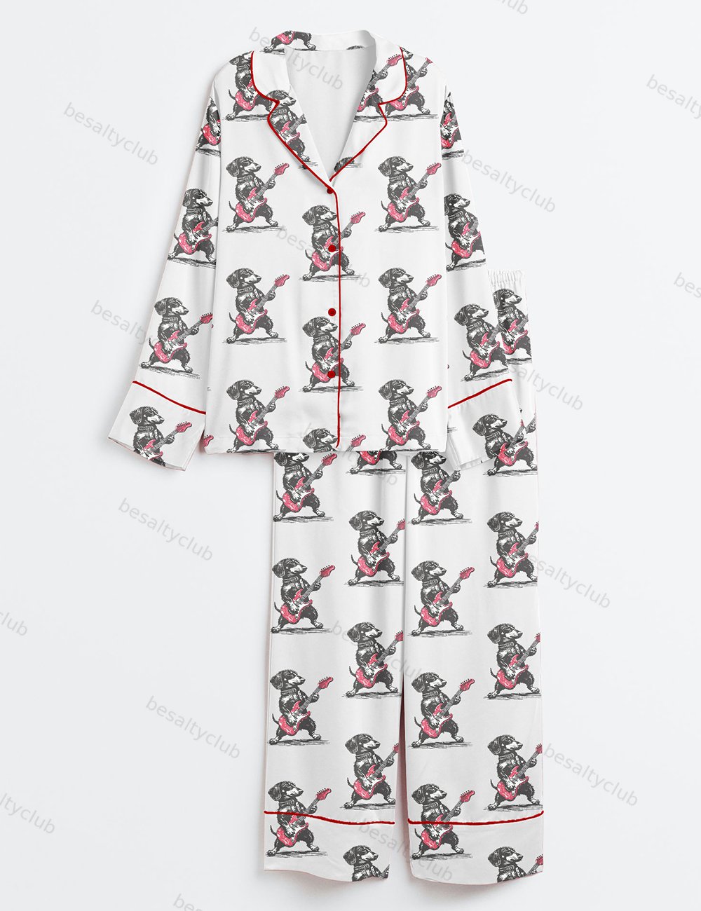 Rock Doxie Vintage Dachshund Weenie Playing Guitar Funny Wiener Dog Rocker Print Long Sleeve Satin Pajama Set