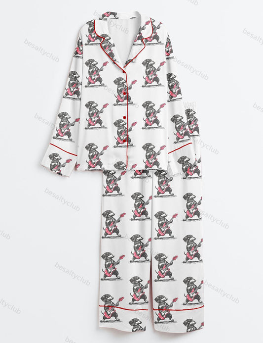 Rock Doxie Vintage Dachshund Weenie Playing Guitar Funny Wiener Dog Rocker Print Long Sleeve Satin Pajama Set