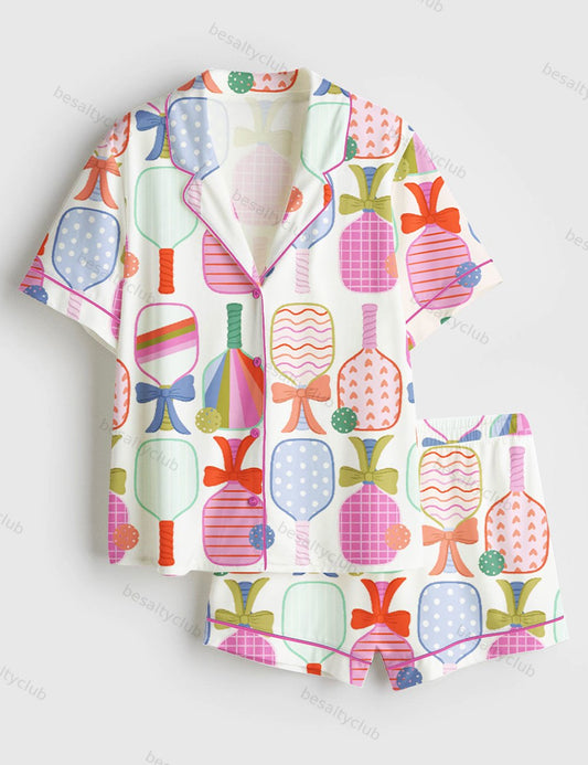 Preppy Pickle Paddle Pickleball Short Sleeve Satin Pajama Set
