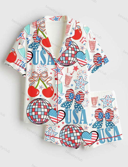 4th Of July 1776 Patriotic Cherry Bow America Coquette Wine Short Sleeve Satin Pajama Set