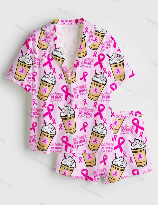 Breast Cancer Coffee October We wear Pink Breast Cancer Awareness Pink Ribbon Print Short Sleeve Satin Pajama Set