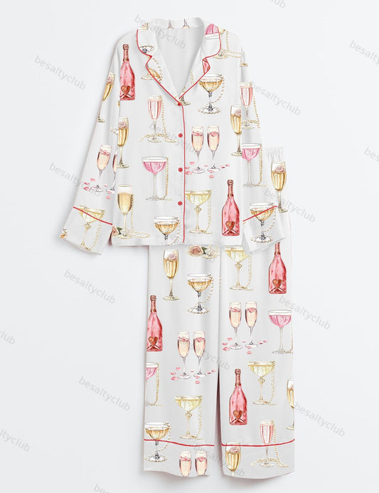 Pearls And Prosecco Bridal Shower Party Champagne Print Long Sleeve Satin Pajama Set