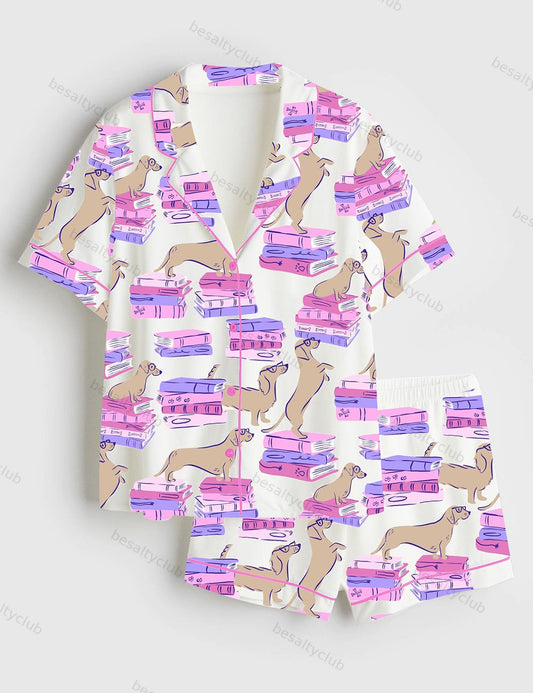 Dachshund Wieners Book Dogs Short Sleeve Satin Pajama Set