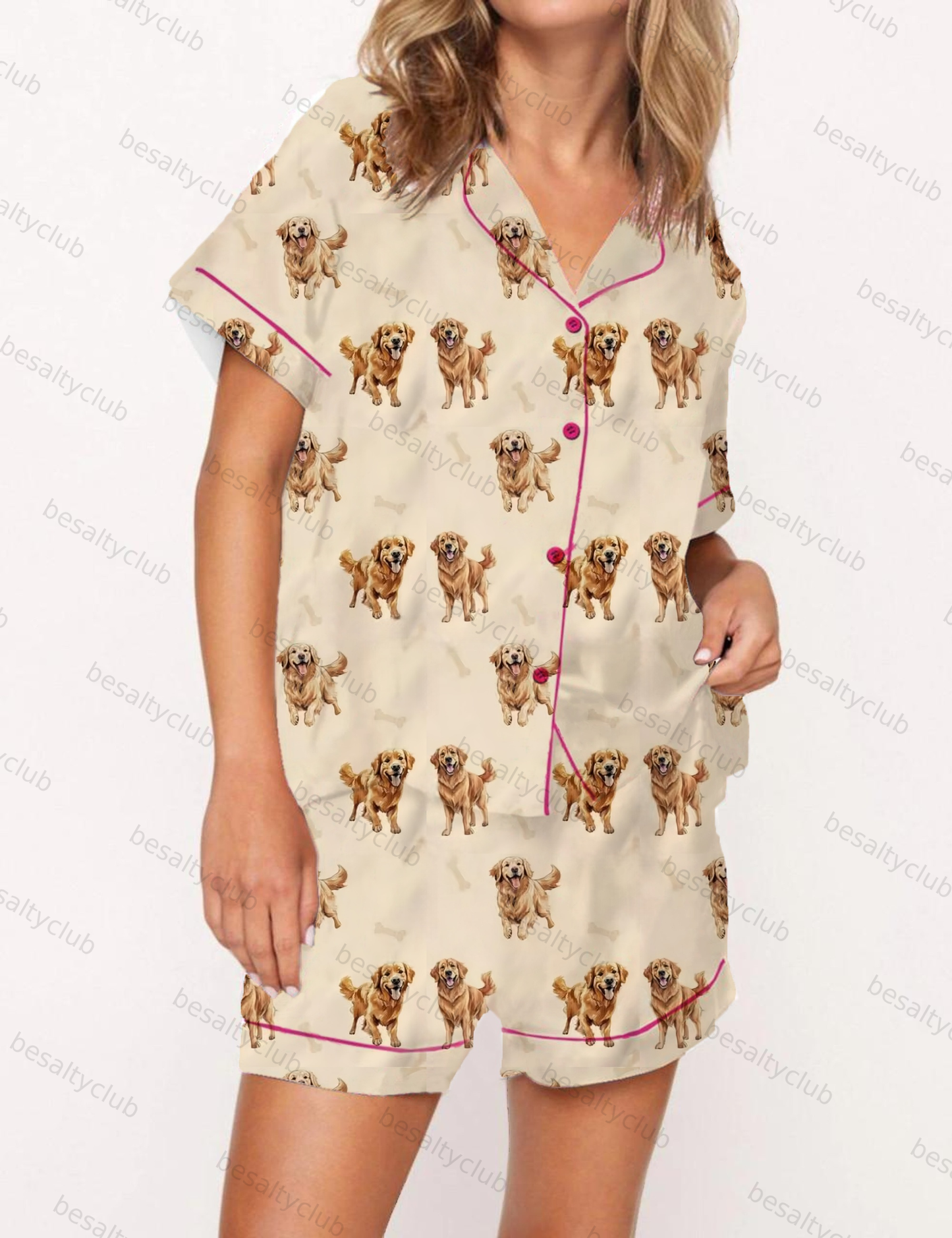 Cheerful Golden Retrievers Pattern Satin Pajama Short Set