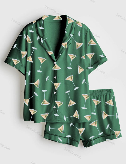Martini Espresso Cocktail Short Sleeve Satin Pajama Set