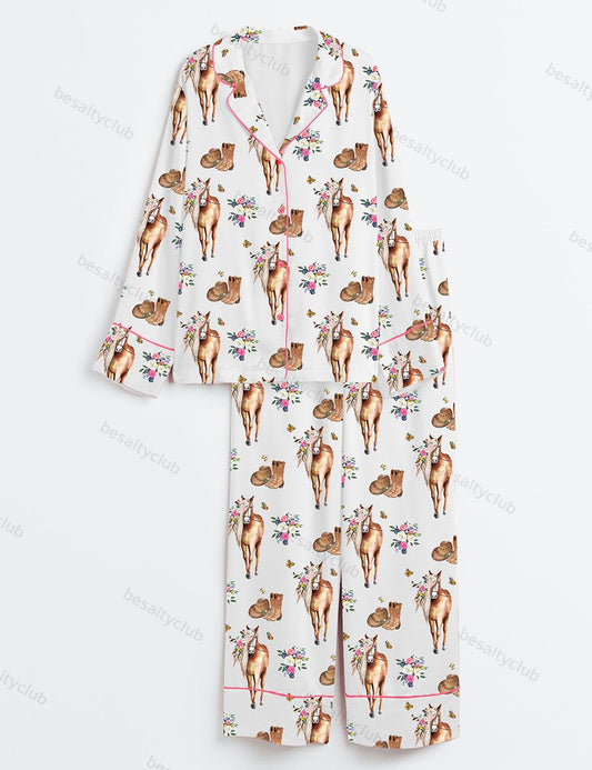 Floral Horse Western Cowgirl Boots Long Sleeve Satin Pajama Set
