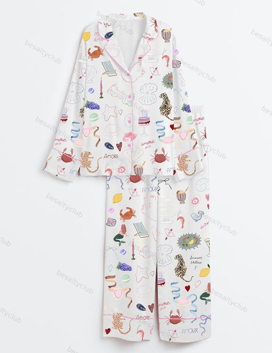 Whimsical Hand Drawn Love Dolce Vita Italy Wedding Icons Summer Seashell Line Art Print Long Sleeve Satin Pajama Set