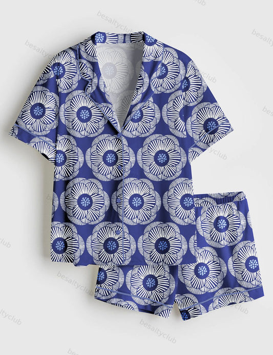 Camellia White On Dark Blue Bright Short Sleeve Satin Pajama Set