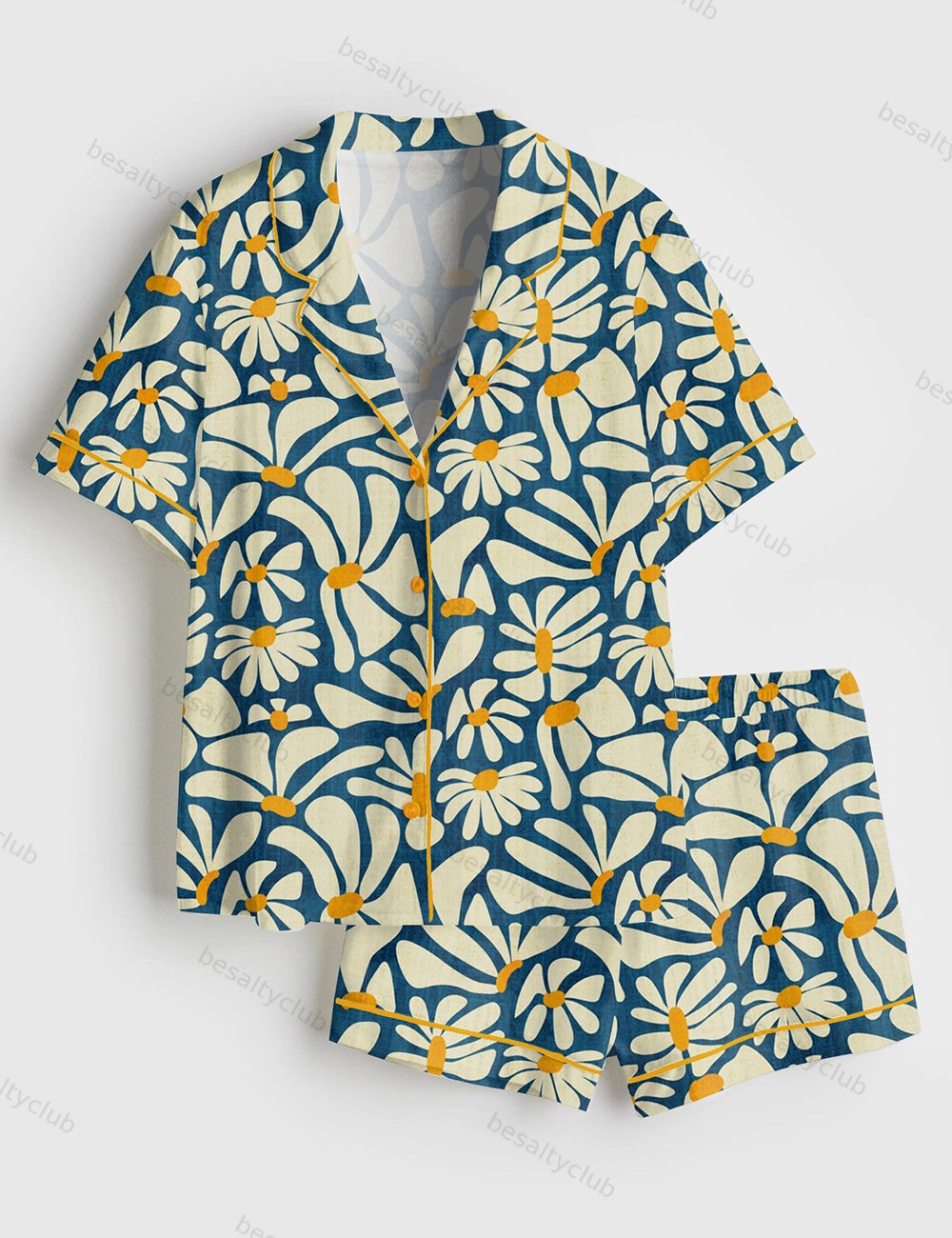Retro Daisy Flower Power Blue Floral Vintage Groovy Print Short Sleeve Satin Pajama Set