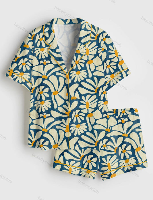 Retro Daisy Flower Power Blue Floral Vintage Groovy Print Short Sleeve Satin Pajama Set