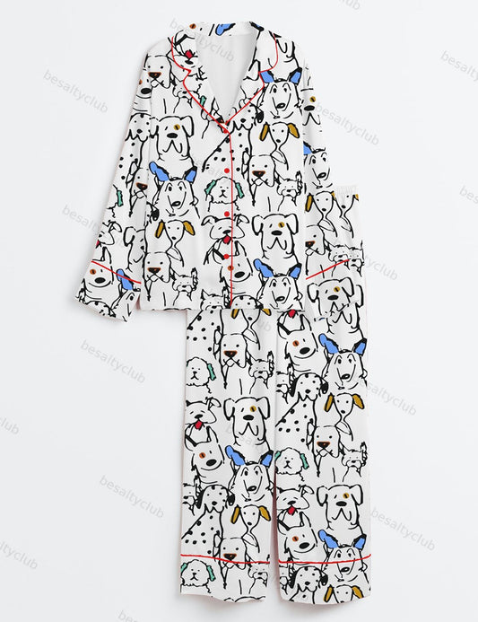 Color Pop Doodle Dogs Cute Dogs Print Long Sleeve Satin Pajama Set
