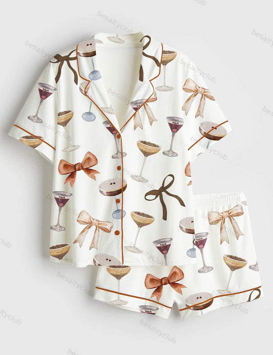 Espresso Martini Coquette Bow Short Sleeve Satin Pajama Set