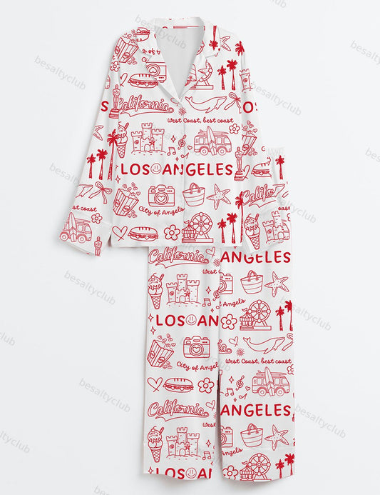 Los Angeles California Landmarks I Love LA Hollywood USA Long Sleeve Satin Pajama Set