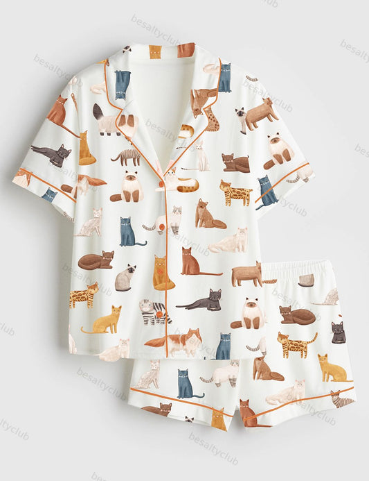 Cat Breeds Short Sleeve Satin Pajama Set