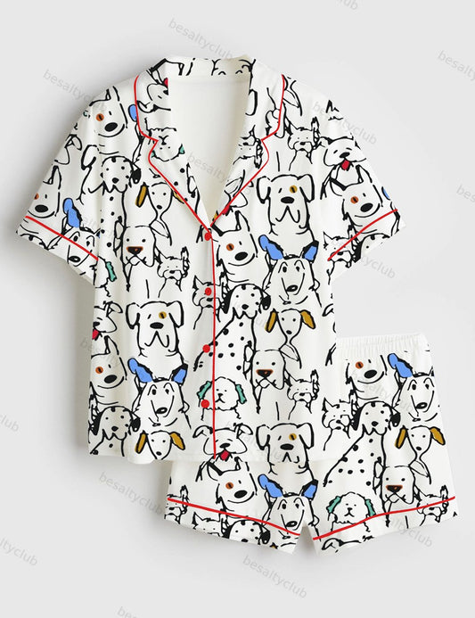 Color Pop Doodle Dogs Cute Dogs Print Short Sleeve Satin Pajama Set