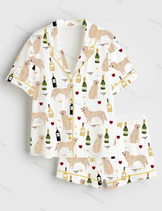 Golden Retriever And Wine Short Sleeve Satin Pajama Set