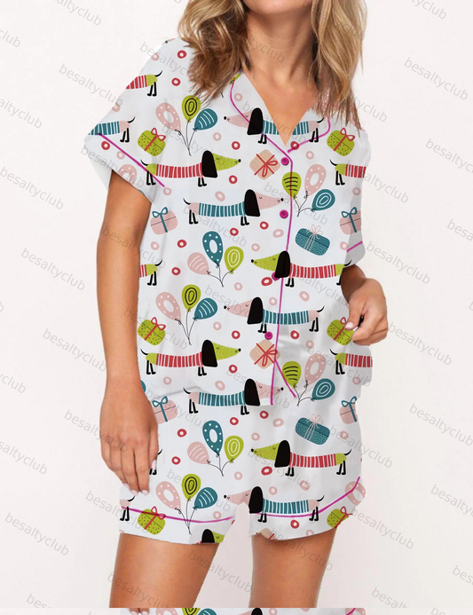 Cute Dachshund Pattern Satin Pajama Short Set
