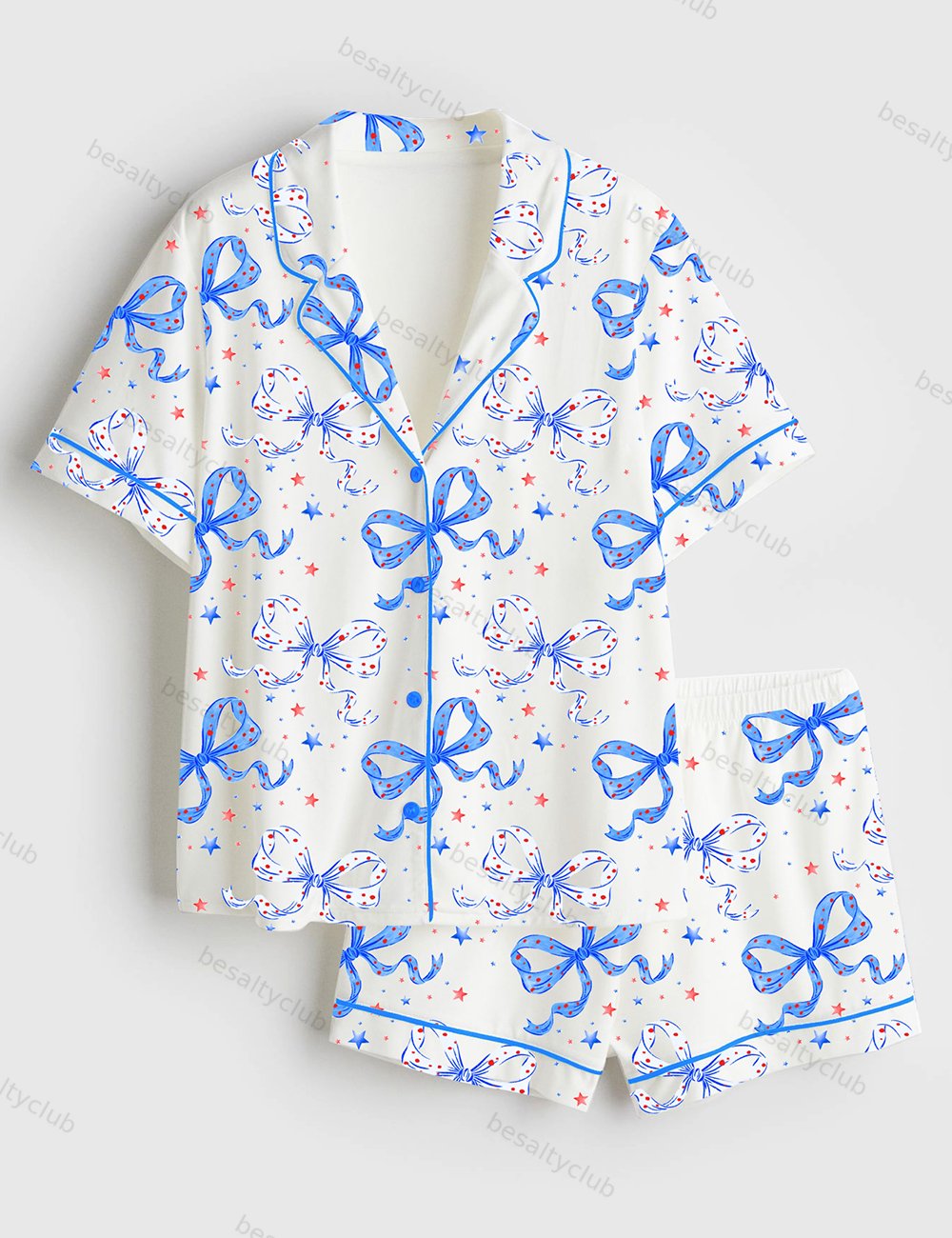 Coquette Bow Cute 4th Of July Red White Blue Short Sleeve Satin Pajama Set
