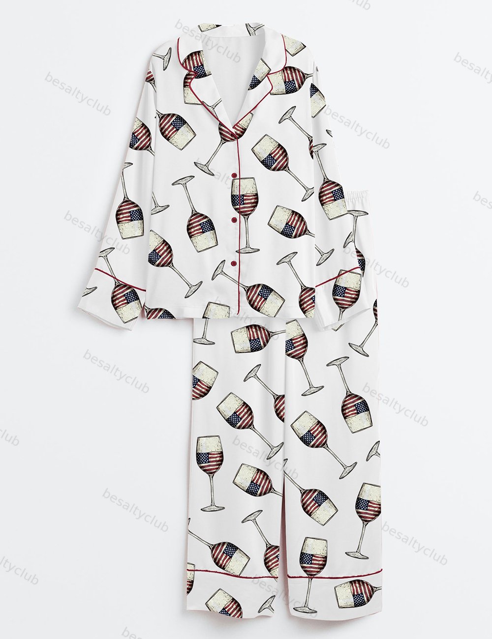 American Flag 4th Of July USA Wine Print Long Sleeve Satin Pajama Set
