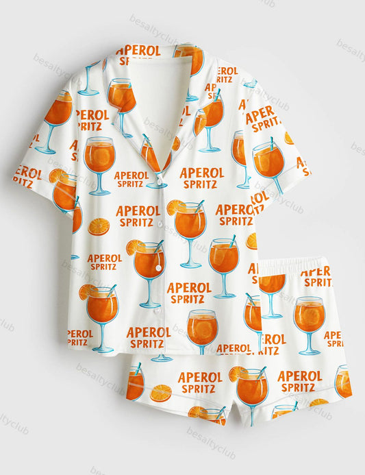 Aperol Spritz Trio Watercolor Summer Ocean Beach Vibes Print Short Sleeve Satin Pajama Set