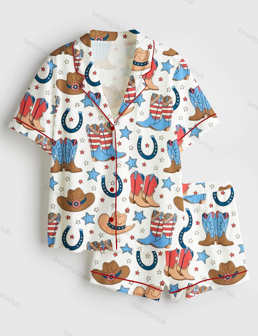 Fourth Of July Red White Blue USA Flag America Western Cowboy Boots Patriotic Cowboy Short Sleeve Satin Pajama Set