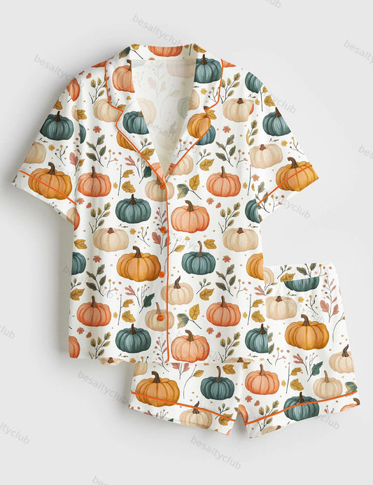 Autumn Pumpkin Short Sleeve Satin Pajama Set