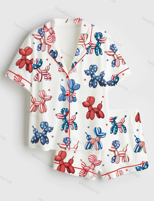 Patriotic Balloon Dog 4th Of July Animal Red White Blue Star USA Print Short Sleeve Satin Pajama Set