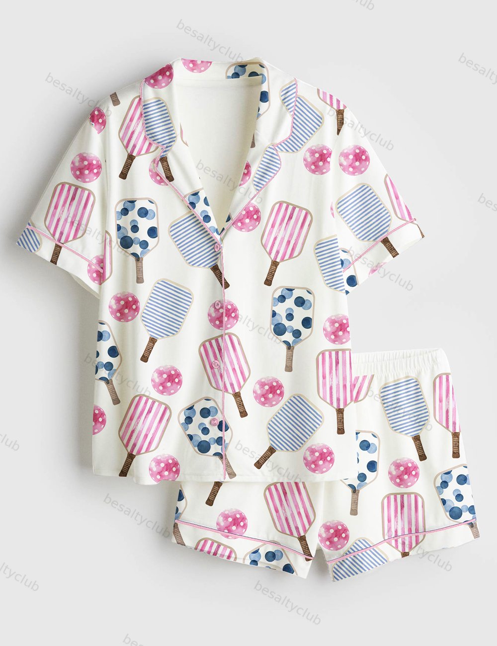 Watercolor Stripes Pink And Blue Pickleball Paddle And Ball Short Sleeve Satin Pajama Set