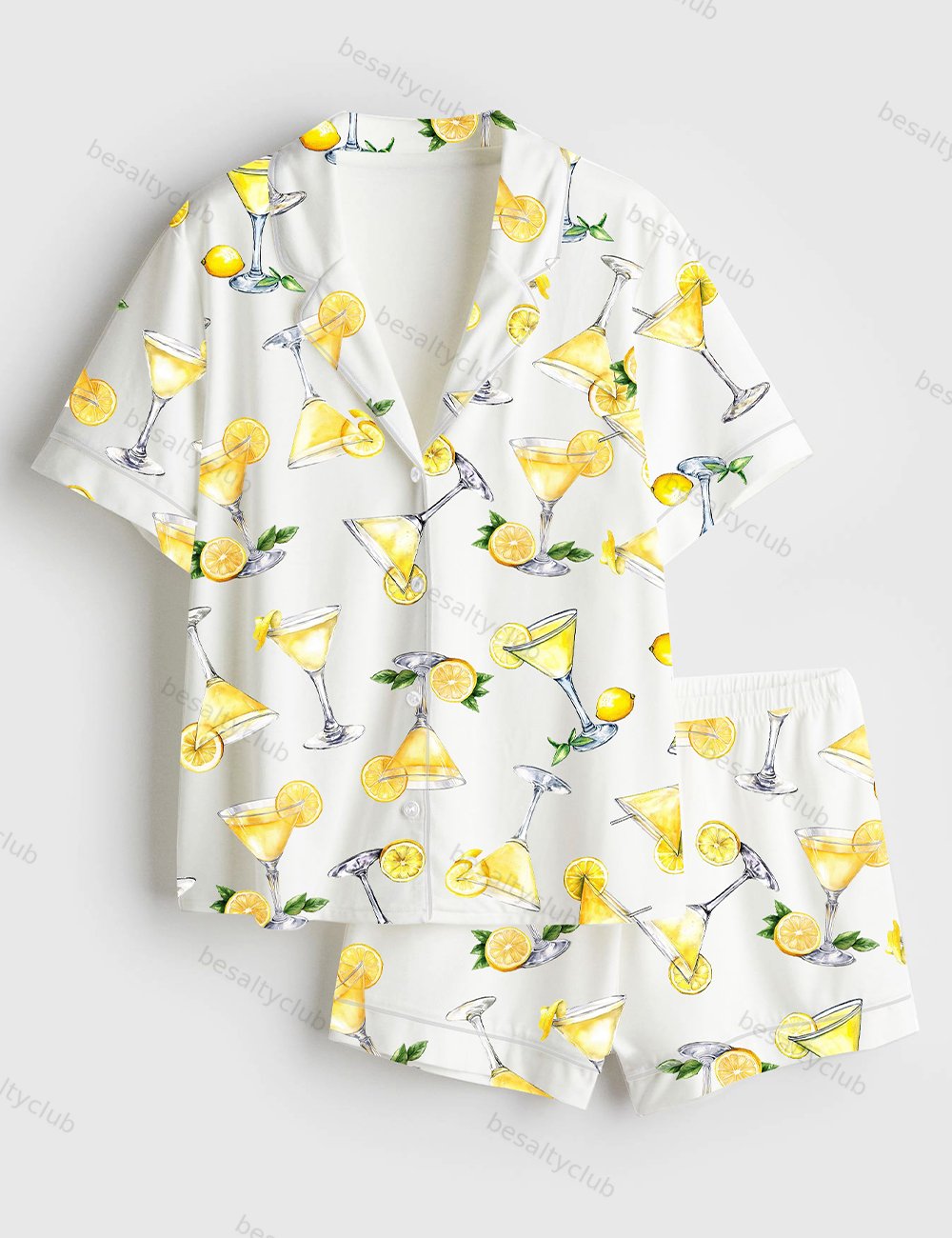 Lemon Drop Martini Watercolor Cocktail Beverage Alcohol Wedding Clipart Margarita Short Sleeve Satin Pajama Set