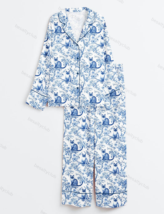 Siamese Cat Cat Lover Long Sleeve Satin Pajama Set
