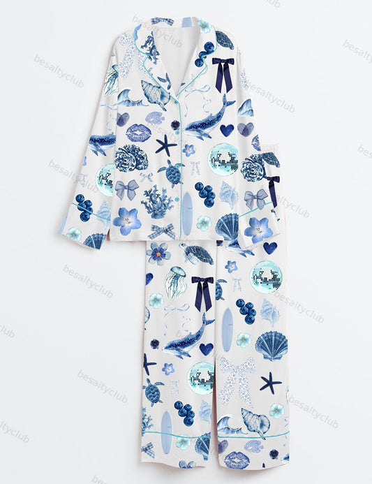 Coquette Seashell Coastal Summer Vibes Turtle Shark Shell Sea World Long Sleeve Satin Pajama Set