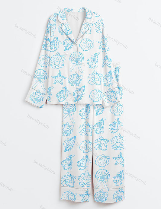 Retro Coquette Seashell Sea Pastel Coastal Summer Girly Shell With Bow Preppy Fisherman Aesthetic Print Long Sleeve Satin Pajama Set