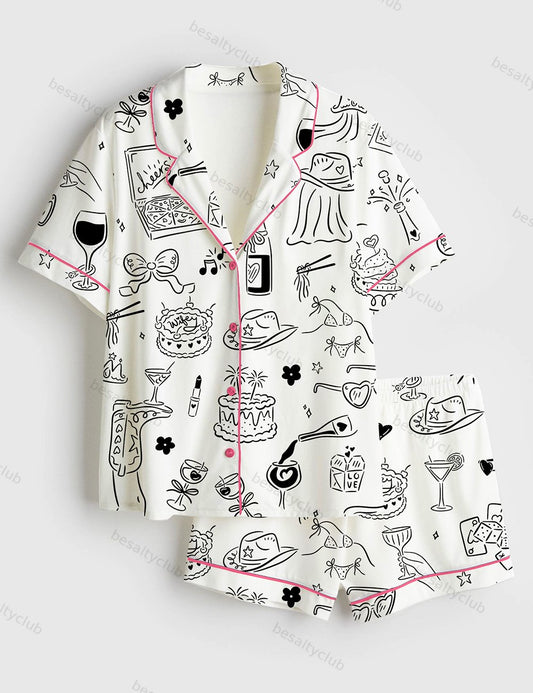 Hand Drawn Bachelorette Whimsical Girls Night Bach Party Print Short Sleeve Satin Pajama Set