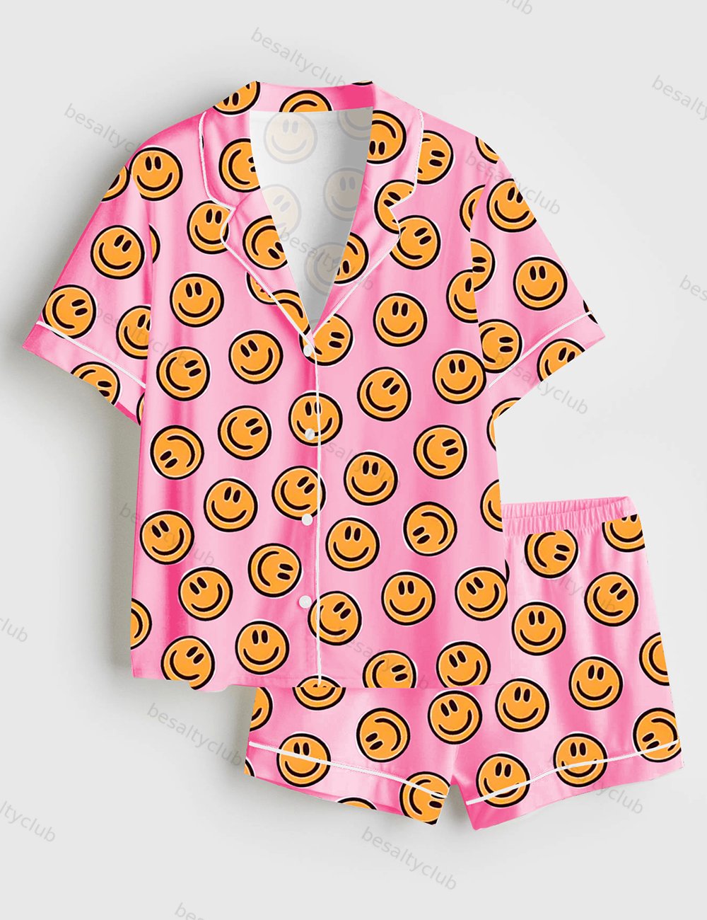 Pink Smiley Face Short Sleeve Satin Pajama Set