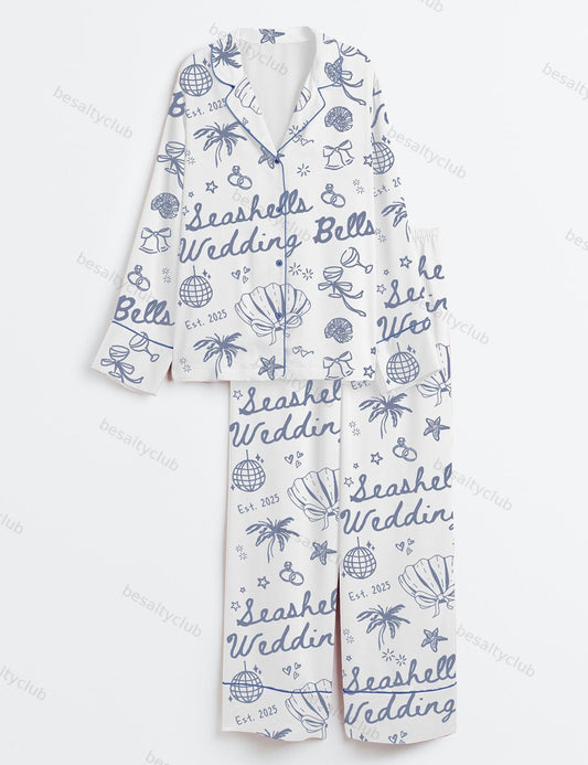 Seashells And Wedding Bells Bachelorette Beach Bachelorette Seashell Hens Party Print Long Sleeve Satin Pajama Set