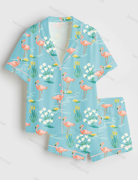Flamingo Floral Summer Short Sleeve Satin Pajama Set