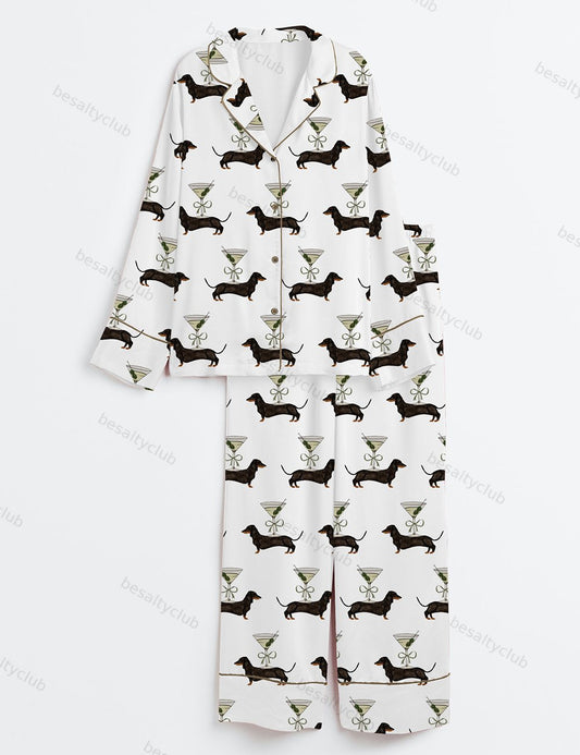 A Tini Dach Older Dirty Martini Dachshund Party Weenies And Tinis Long Sleeve Satin Pajama Set