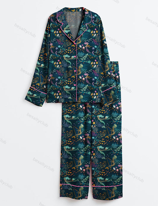 Mermaid Music Undersea Beauty Animals and Plants Long Sleeve Satin Pajama Set