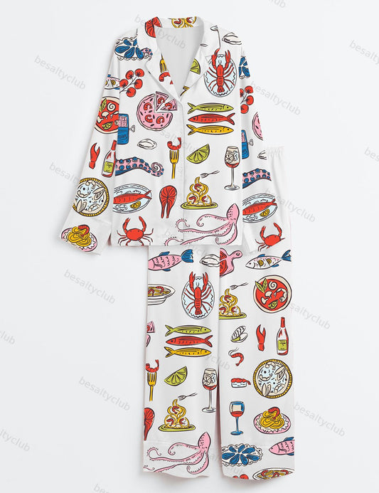 Seafood Pizza & Italian Food Mediterranean Dinner Long Sleeve Satin Pajama Set