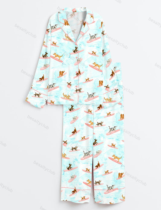 Dogs Surfing Summer Print Long Sleeve Satin Pajama Set