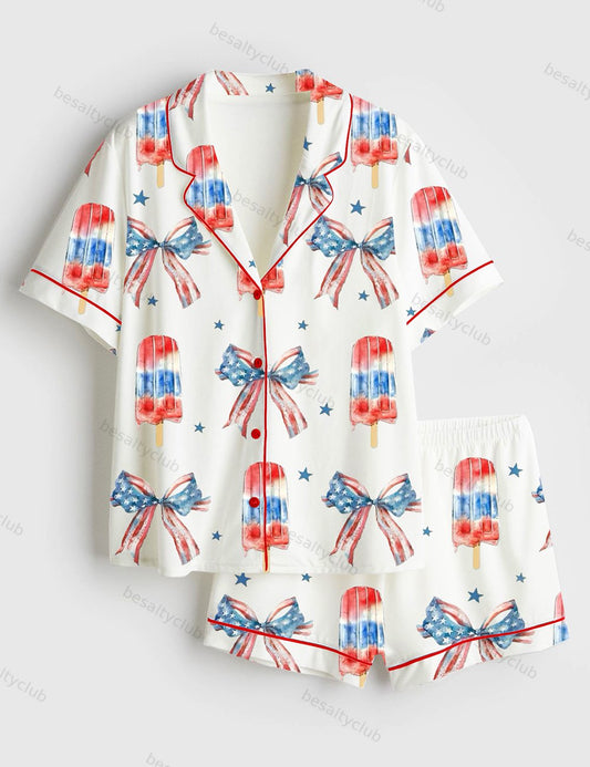 Fourth of July Popsicle Patriotic Coquette Bow American Pride Red White Blue Short Sleeve Satin Pajama Set