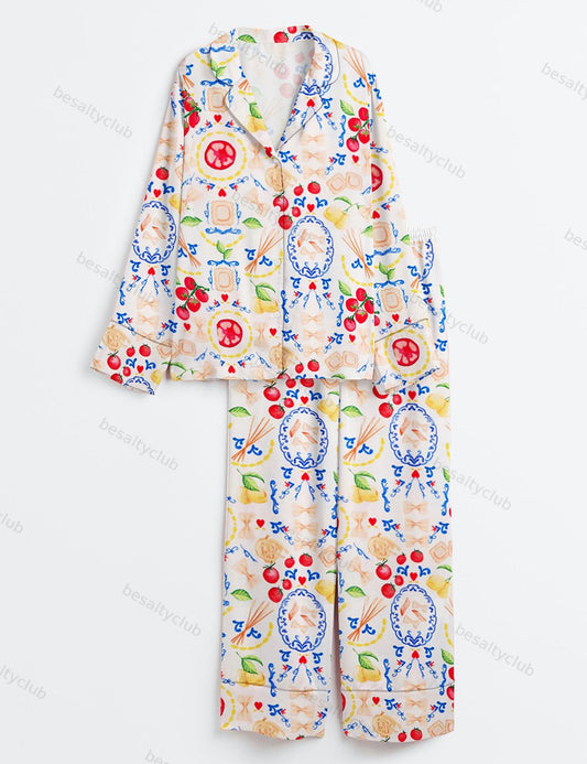 Italy Travel Italian Girl Summer La Dolce Vita Amalfi Coast Portofino Print Long Sleeve Satin Pajama Set