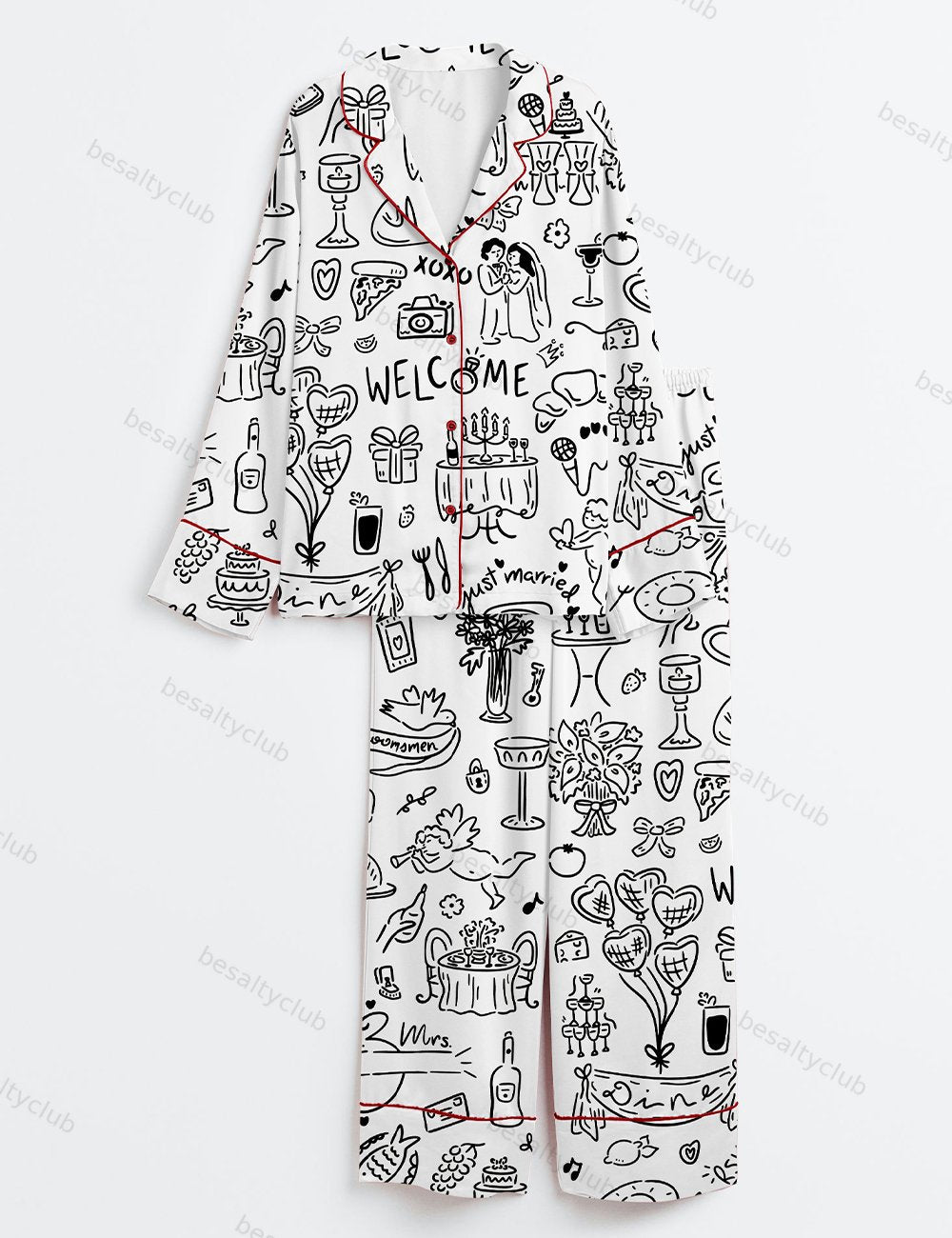 Hand Drawn Whimsical Wedding Bachelorette Print Long Sleeve Satin Pajama Set