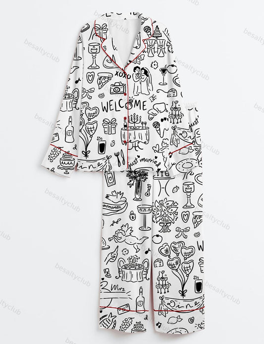 Hand Drawn Whimsical Wedding Bachelorette Print Long Sleeve Satin Pajama Set