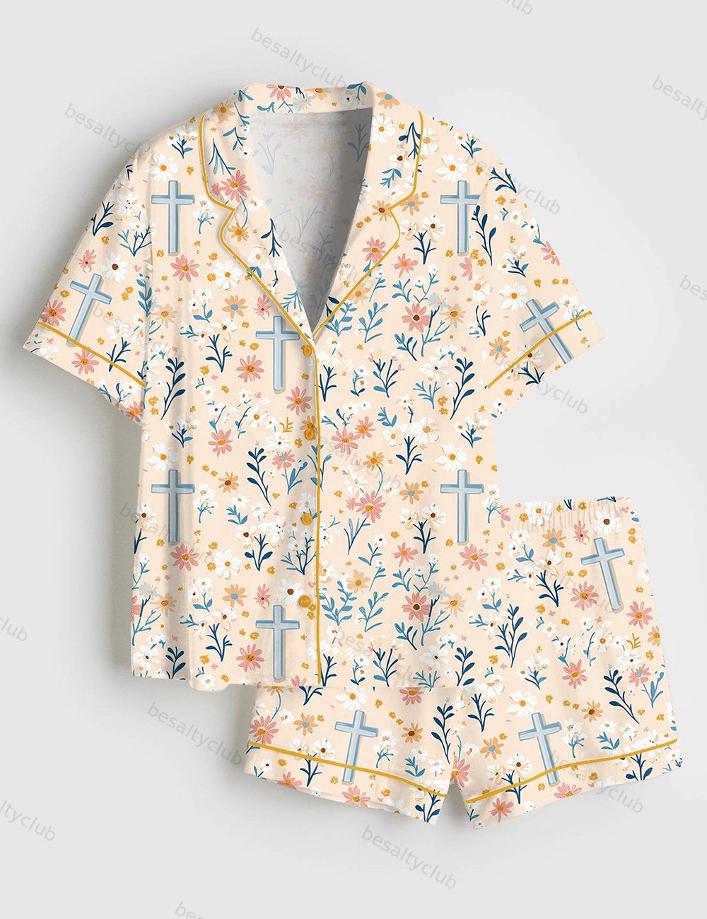 Cute Christian Cross Background Pattern Short Sleeve Satin Pajama Set