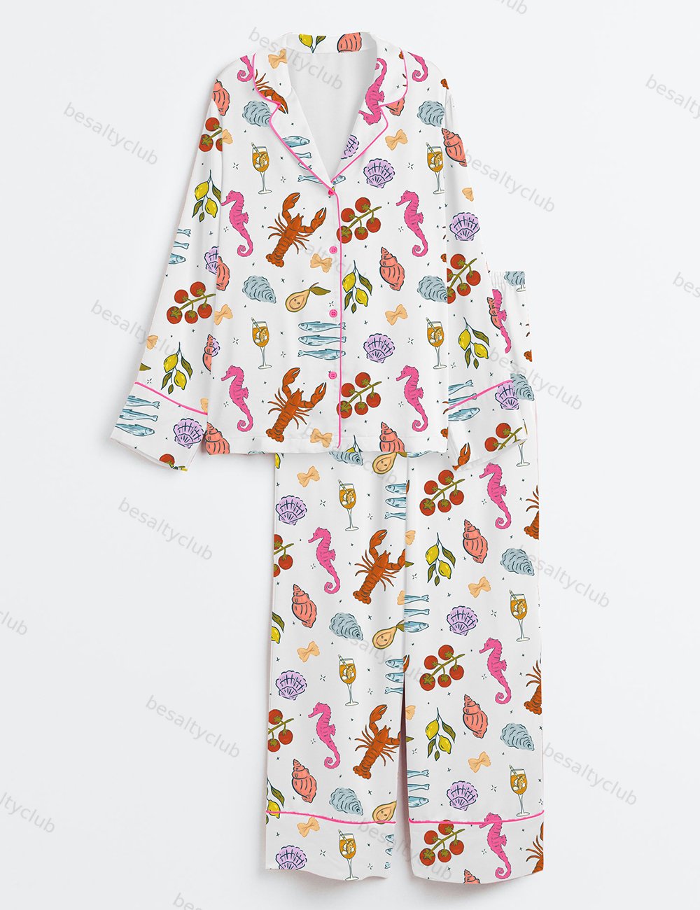Italian Summer Beach Mediterranean La Dolce Vita European Coastal Print Long Sleeve Satin Pajama Set