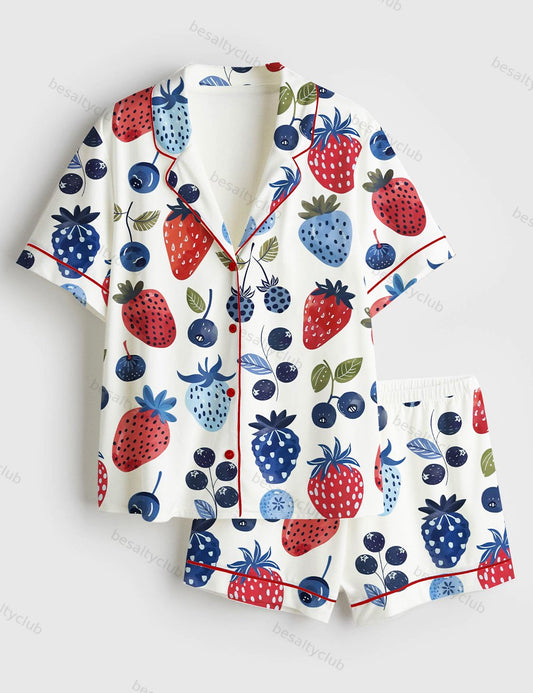 Strawberry Cottagecore Summer Blueberry The 4th Of July Short Sleeve Satin Pajama Set